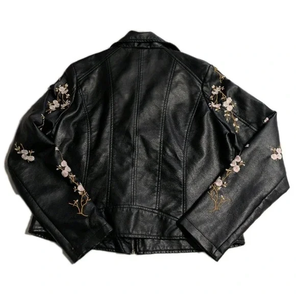 JouJou J2 Cherry Blossom Embroidered Moto Jacket Womens XL Black Biker - Picture 3 of 8
